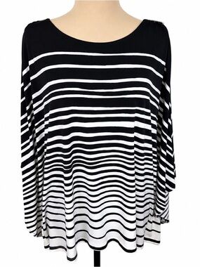 Chicos Black & White Striped Poncho Blouse Top L/XL Cold Shoulder Cape Sleeve